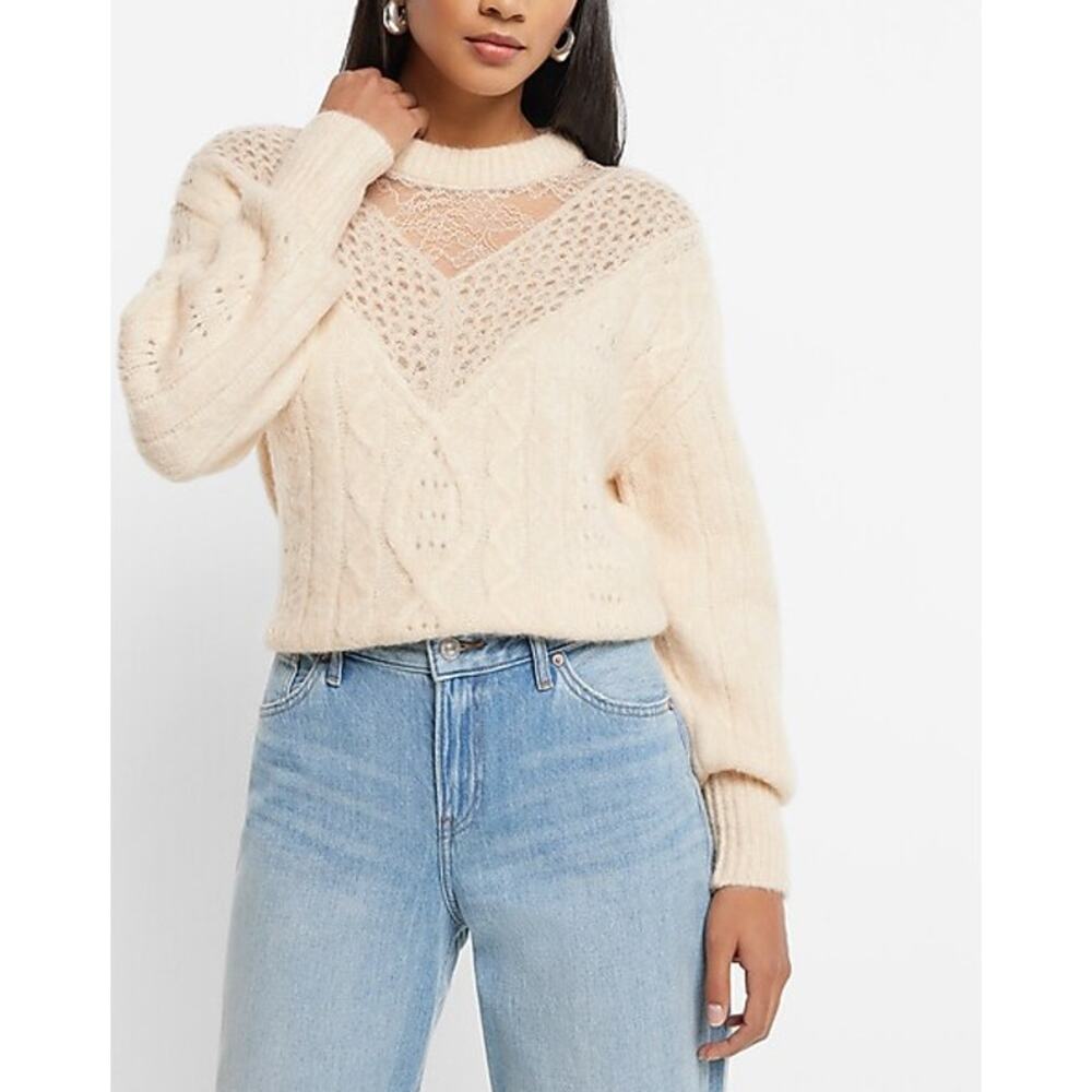 EXPRESS Cable Knit Lace Sweater NWT Cream Crew Neck Long Sleeve Women's XS